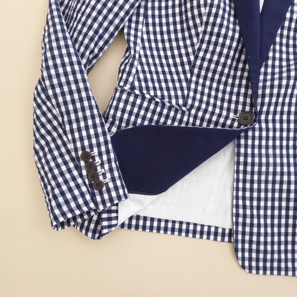J Crew Puckered Gingham Blazer Jacket Navy Blue Lapel White Cotton Womens Size 4 - Picture 3 of 11